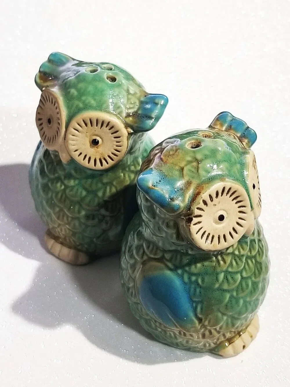 Vintage Ceramic Owl Salt & Pepper Shakers Green Blue Glazed Stoneware Pair